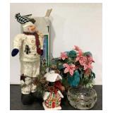 Holiday decor , snow,an, glass bowl, gingerbread