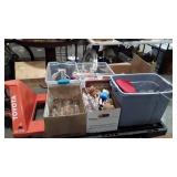 Skid with glasses and kitchenware.   Curtain