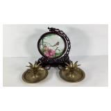 Brass candleholders and fabric art in frame stand