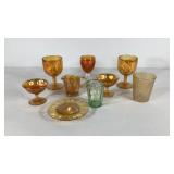 Carnival glass, nine miscellaneous pieces