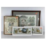 Wall art, two framed cross stitched needleworks