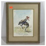 Bronco riding watercolor, signed , framed and