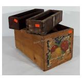 Three early Wood Boxes, apple paper label on one