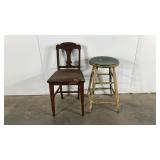 Chair, 18" to seat, and a painted stool, chippy