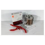 Barware, ice bucket, corkscrew, glasses and wine