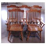 Five spindle back chairs, 2 captains, 3 sides