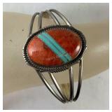 Sterling silver coral and turquoise cuff bracelet