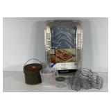 Kitchenwares, five buffet pans, caddie, jelly jar