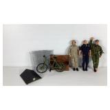 GI Joe group, three action figures, bike and
