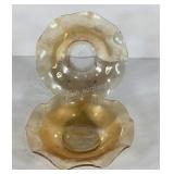Carnival glass, two 10 inch ruffle bowls, one