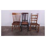 Three mismatched chairs, woven reed, caned,