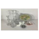 Fenton hobnail shoe, crystal candleholders,