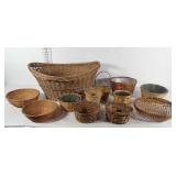 Baskets, some with planter liners, one laundry