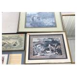 Wall art lot, five framed pieces, sizes range