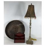Wicker woven tray, buffet lamp and wood organizer