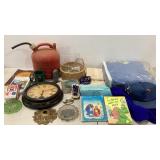 Mixed group, glassware, books, gas can, clock and