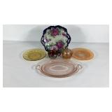 Painted china plate, depression glass platter,