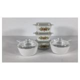 Corningware, two saucepans with glass lids and
