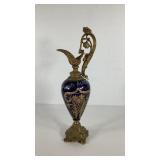 Brass and enameled ewer pitcher, stands 19 inches