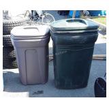 2 Rubbermaid trash cans green and brown