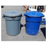2 Blue and Gray Rubbermaid trash cans, code Rr
