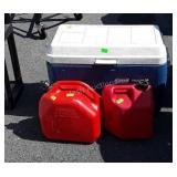 Coleman polylite 54 cooler and 2 poly gas cans,