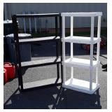 Two poly storage shelves, white and black