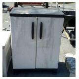 Plastic outdoor cabinet and a suncast storage box