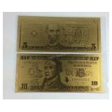 Two gold tone notes $5 and $10