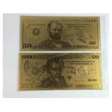 Two goldtone notes $20 and $50