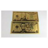 Two goldtone notes $5 and $10