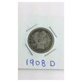 1908 D Barber Quarter Dollar