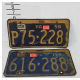 Two 1958 PA license plates, not a matched set