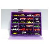 Plastic storage tote with 24 toy cars. Mostly