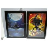 Two framed character illustrations. One is from