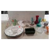 Table lot of colored and clear glass vases, blue