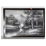 Framed art oil on canvas stream mountain Scene in