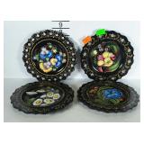 Set of 4 enamel paint decorated wooden 8" plates