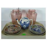 Misc - 2 Pink glass jars with wire bail handles,