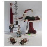 Seasonal decor- carved Santa, metal caroler figure