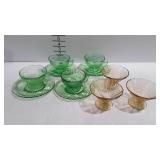 Depression glass - set of 4 green cups & saucers,