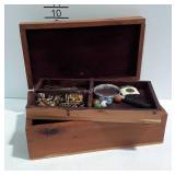 Cedar dresser box with trinkets - marbles, lapel