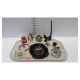 Trinkets- enameled tray, paper weights, glass frog
