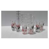 Beverage pitcher, & set of 6 tumblers with square