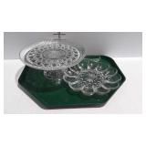 Glass cake pedestal, and egg plate