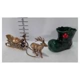 Lefton Christmas boot, and old brass reindeer &