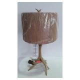 Antler based table lamp with burlap shade, 27"