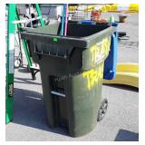 Trash can and two brooms