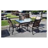 5 piece glass and wrought iron patio set, chairs