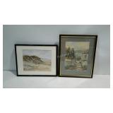 Two framed watercolors. One of a bluff overlooking